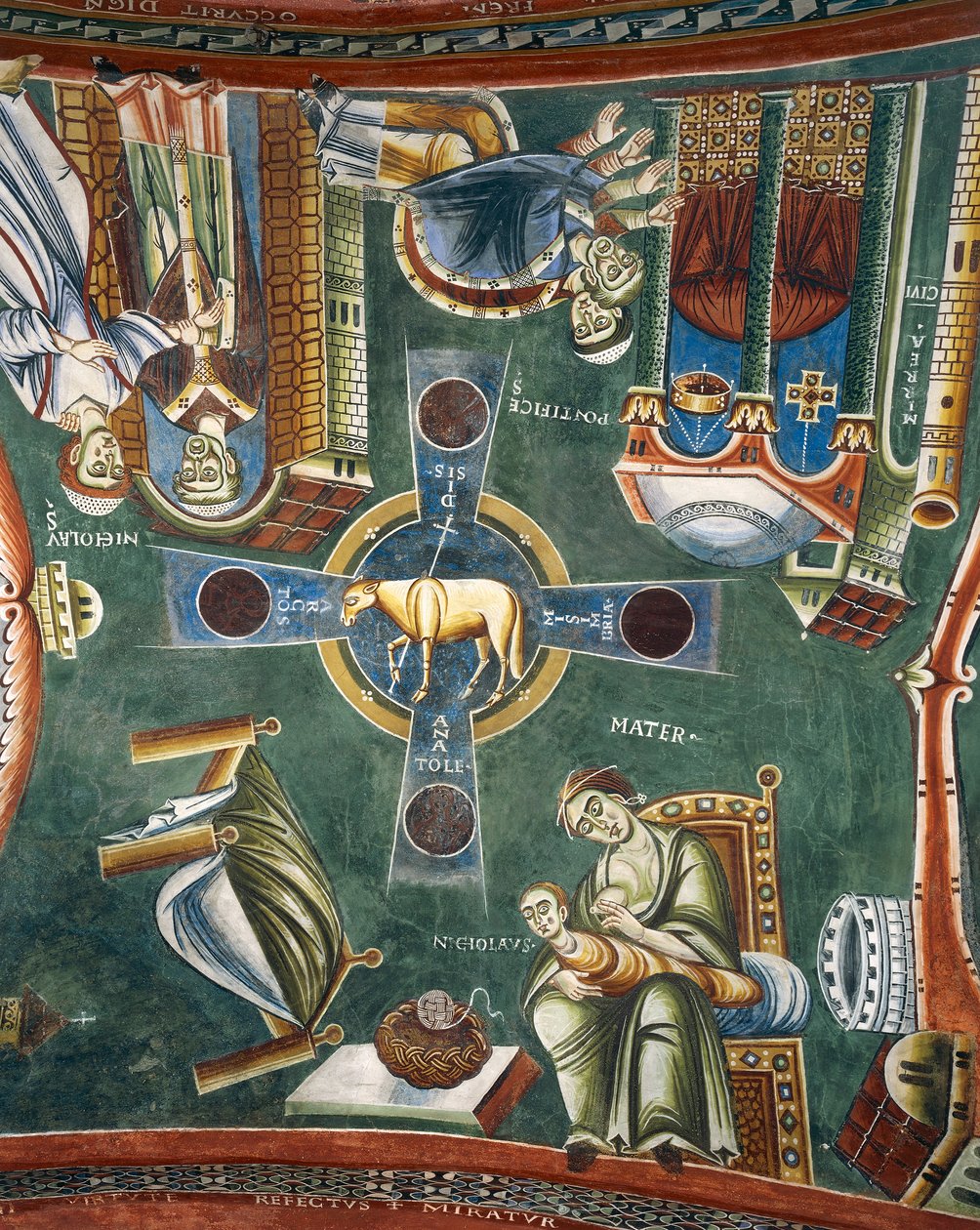 Příběhy ze života svatého Mikuláše, Detail románských fresek v byzantském stylu, konec 11. století, kaple svatého Eldrada a svatého Mikuláše, opatství Novalesa, Piemont, Itálie od Byzantine
