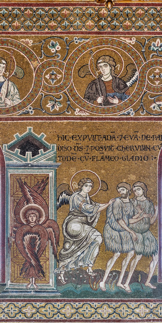 Vyhnání z pozemského ráje, byzantská mozaika, starozákonní cyklus-pozemský ráj, století XII-XIII (mozaika) od Byzantine