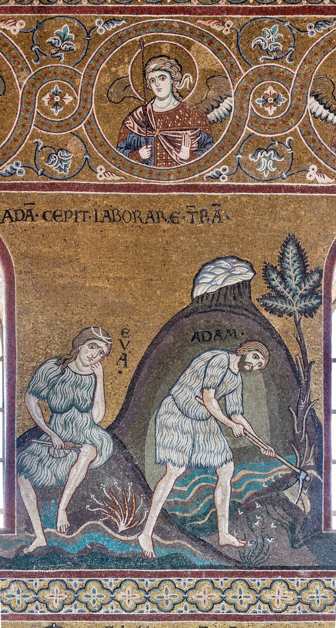 Práce a dílo Adama a Evy, byzantská mozaika, cyklus Starého zákona – pozemský ráj, století XII-XIII (mozaika) od Byzantine