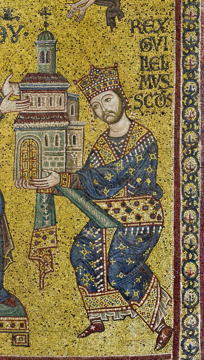 transept: byzantská mozaika, která zobrazuje krále Viléma II. nabízejícího katedrálu Panně Marii, detail (mozaika) od Byzantine