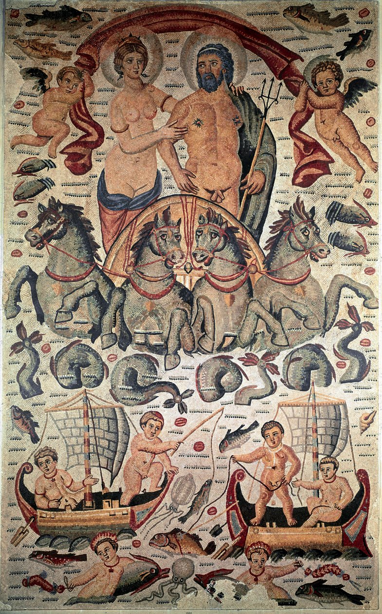 Byzantské umění: Triumf Neptuna a Amfitritu. Neptun a Amphitrite nazí na tanku vypáleném čtyřmi mořskými koňmi. Mozaika 3. století. Rozměr: 3,1 x 1,96 m. Muzeum Louvre, Paříž od Byzantine Byzantine