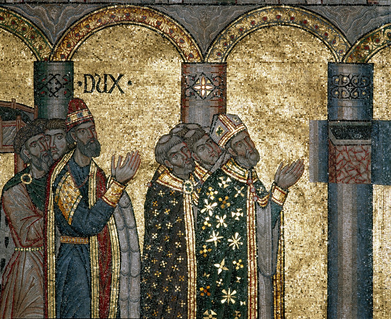 Byzantská architektura: objevte urnu svatého Marka. Detail mozaiky na zlatém pozadí. Basilica di San Marco (Bazilika sv. Marka), Benátky od Byzantine Byzantine