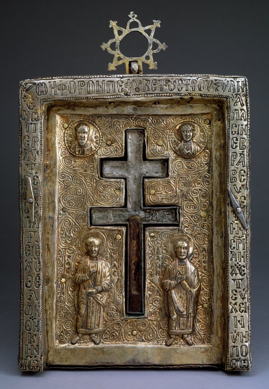 Relikviář kříže ze zlaceného stříbra staurothek, byzantský, 12. století od Byzantine Byzantine