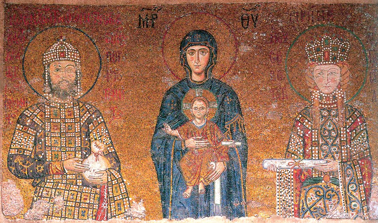 Panna s dítětem mezi císařem Janem II. Komnénem a jeho manželkou Irenou, c1118. od Byzantine Master.
