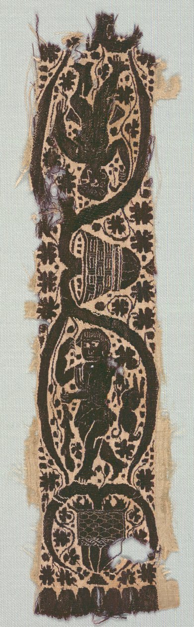 Vzácný fragment hedvábné tuniky s ozdobným rukávem, 400-500 (plátnová vazba, hedvábí, gobelínová vazba s doplňkovým útkovým obalem, nebarvené len, barvená vlna, hedvábí) od Byzantine Period Egyptian