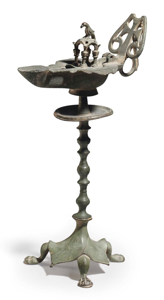 Byzantská bronzová olejová lampa a stojan, cca 5.-6. století našeho letopočtu (bronz) od Byzantine School