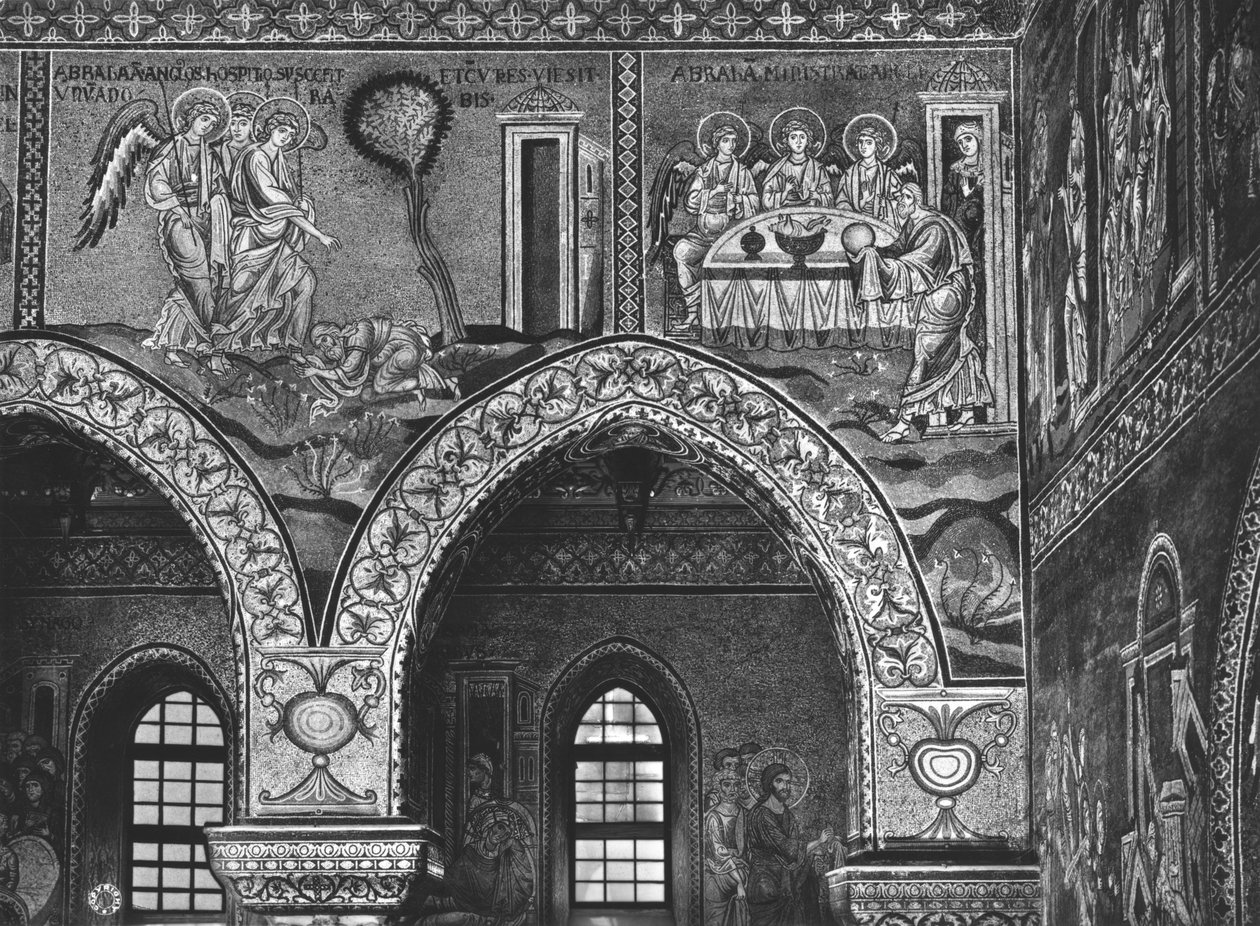 Zjevení tří andělů Abrahamovi a Abrahamova pohostinnost, c.1182 (mozaika) od Byzantine School