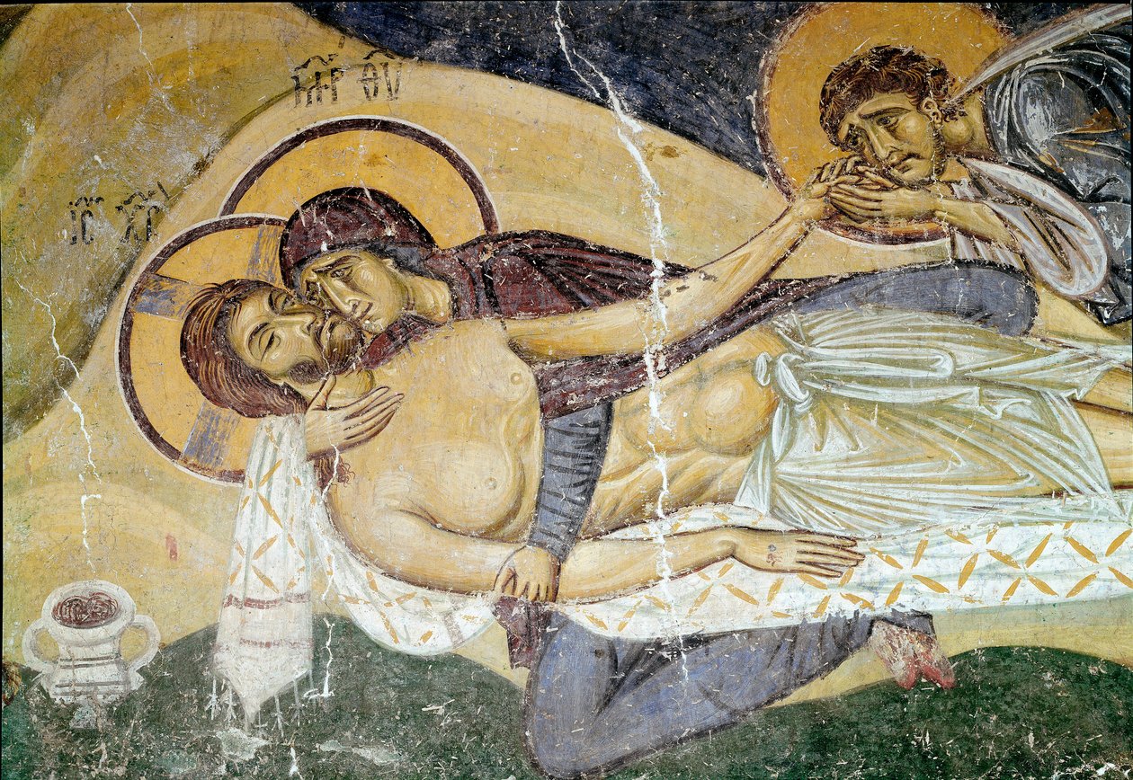 Byzantské umění: „Nářek nad smrtí Krista““ Malířova freska z 12. století. Detail. Nerezi, San Pantaleimone, Makedoine od Byzantine School