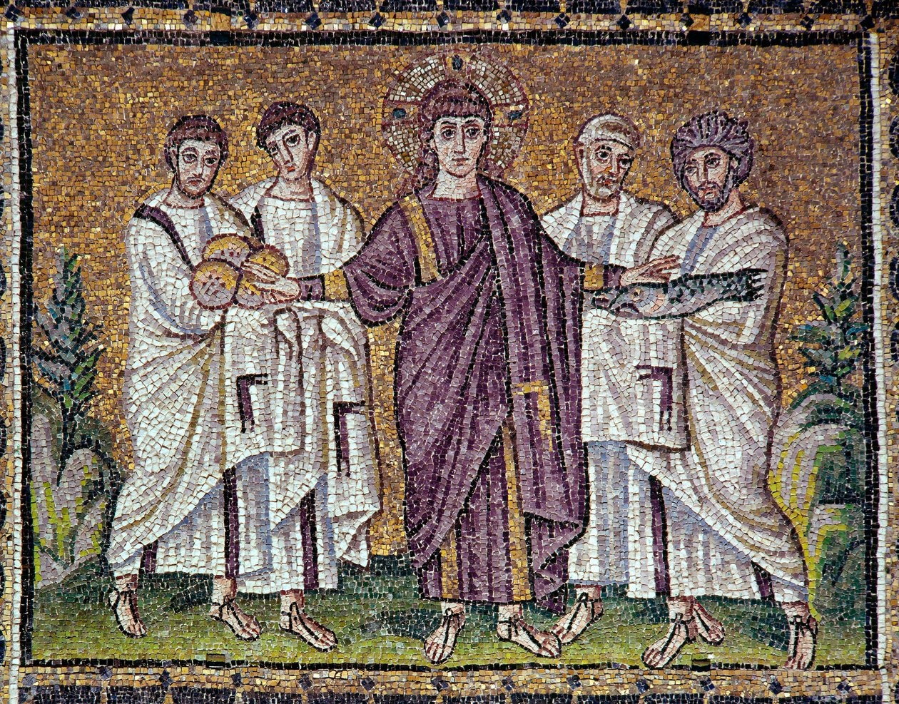 Byzantské umění: Mozaika "Rozmnožení chleba a ryb" ze 6. století. Bazilika svatého Apolináře Devátého v Ravenně (Sant