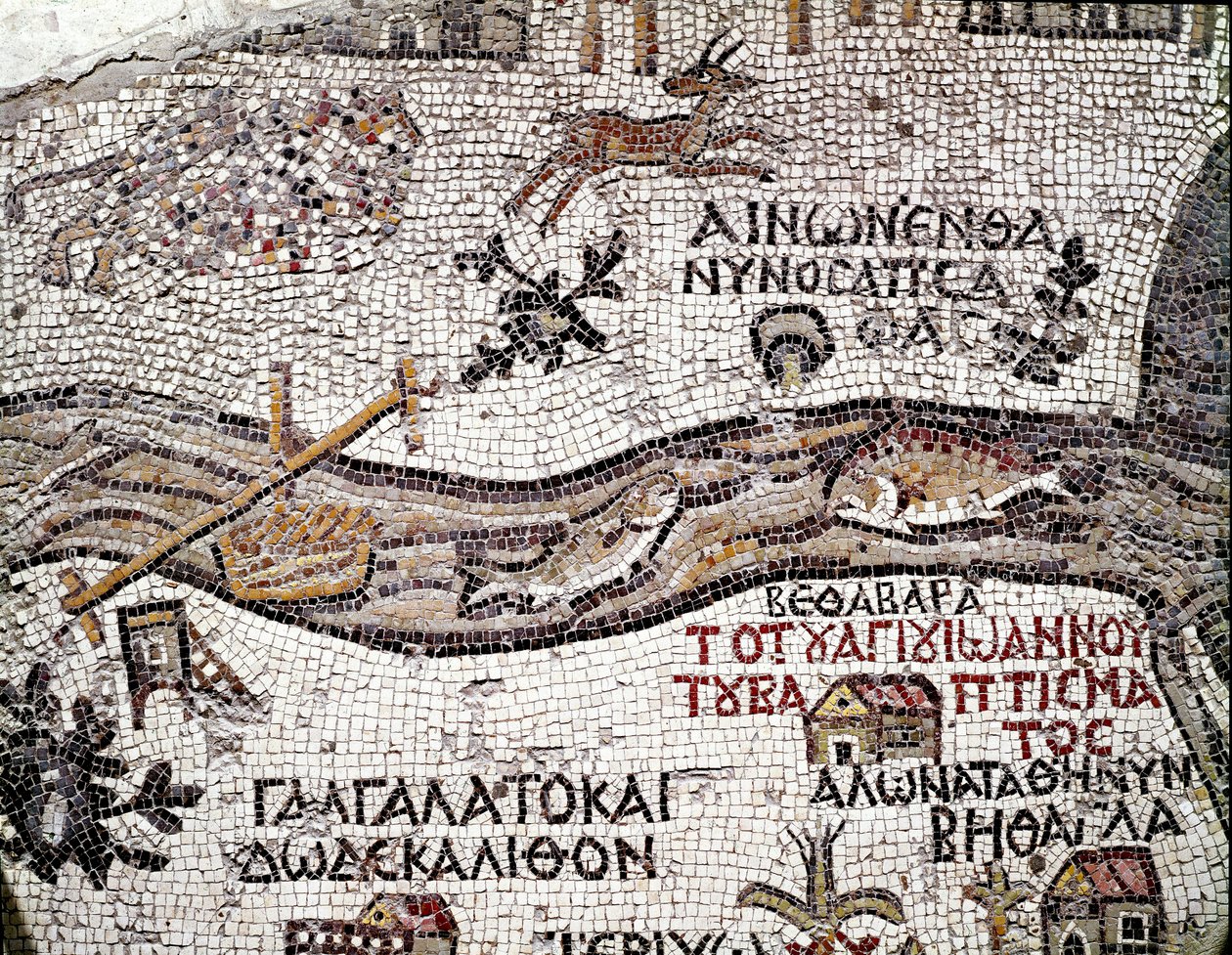 Byzantské umění: nejstarší mapa Palestiny. Detail zobrazující řeku Jordán a její ústí do Mrtvého moře. Mozaika 6. století. Madaba, kostel sv. Jiří od Byzantine School