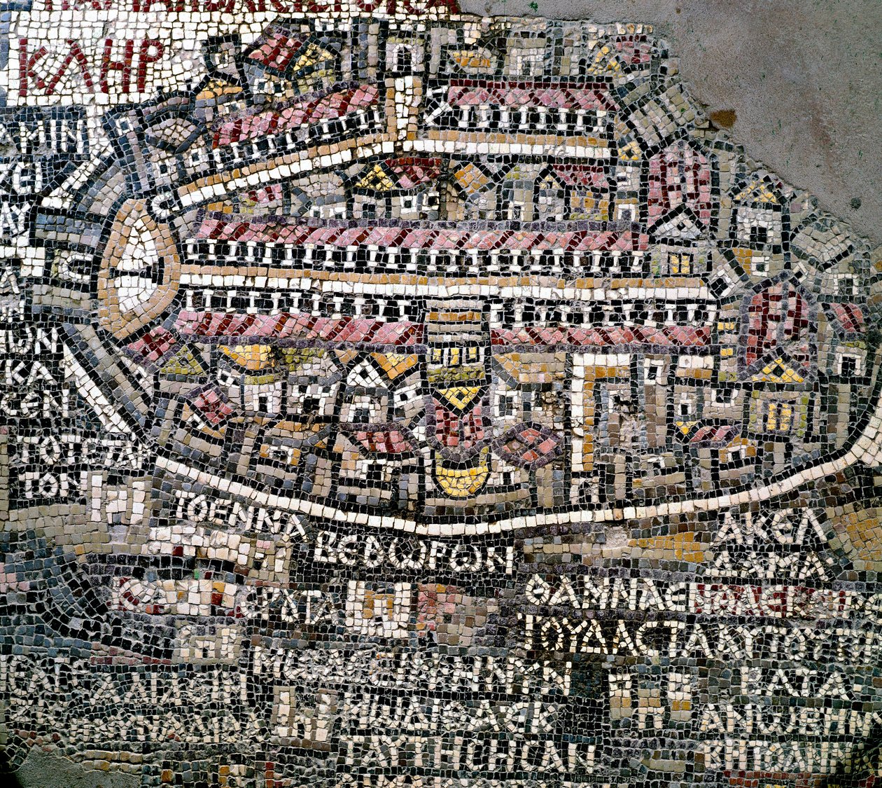 Byzantské umění: nejstarší mapa Palestiny. Detail představující Jeruzalém. Mozaika 6. století. Madaba, kostel sv. Jiří od Byzantine School