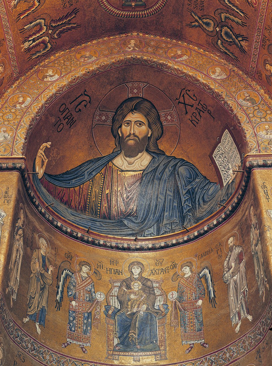 Kristus Pantokrator a Madona trůnící s anděly a apoštoly, z centrální apsidy (mozaika) od Byzantine School