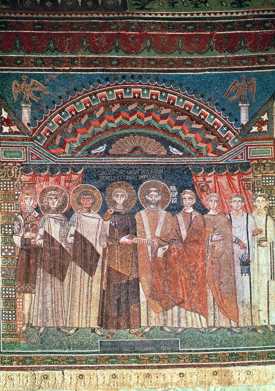 Konstantin IV (654-85) udělující biskupovi Reparatovi privilegia pro kostel v Ravenně, 671-77 (mozaika) od Byzantine School