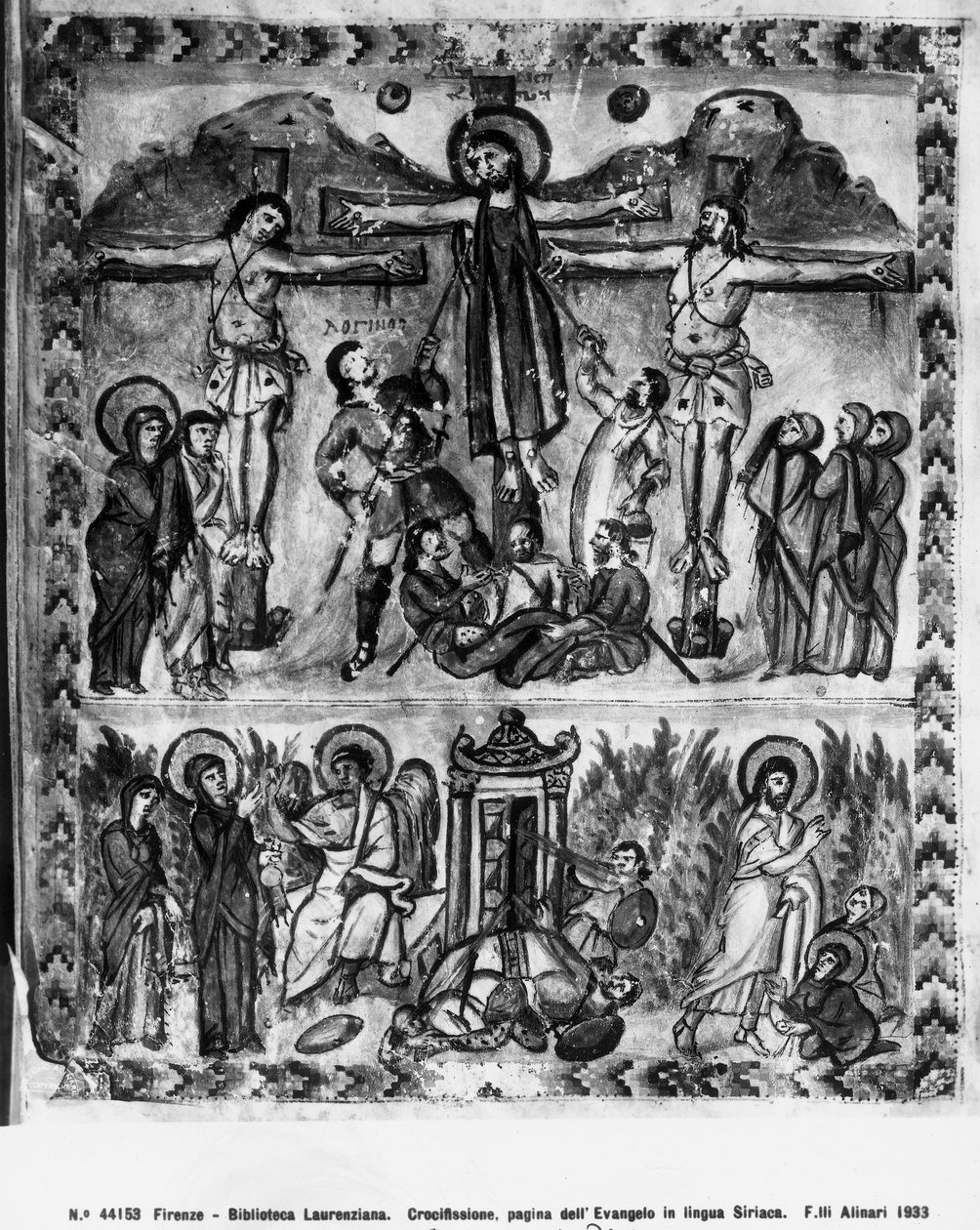Ukřižování a vzkříšení, z evangelií Rabula, 586 našeho letopočtu od Byzantine School