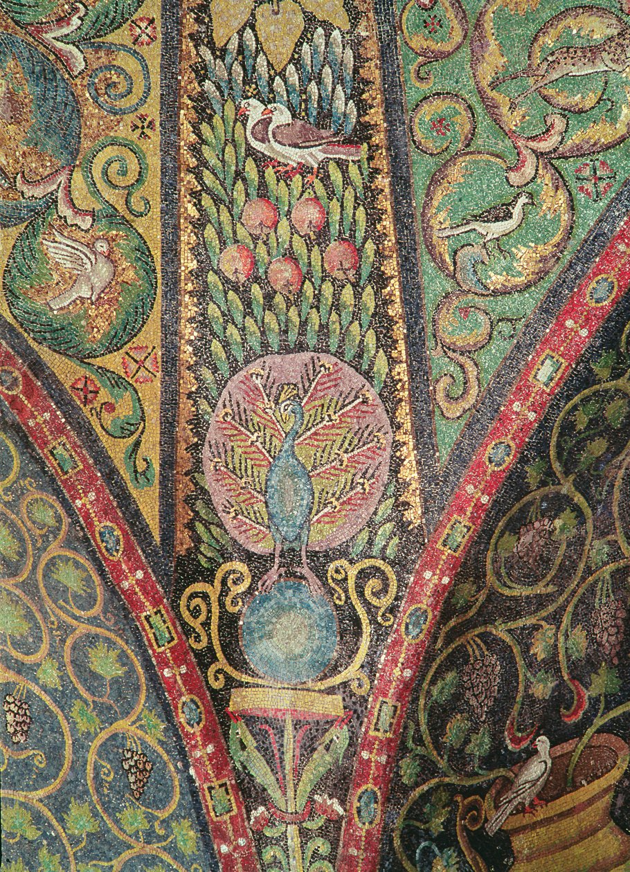Detail z klenby zobrazující ptáky a páv (mozaika) od Byzantine School