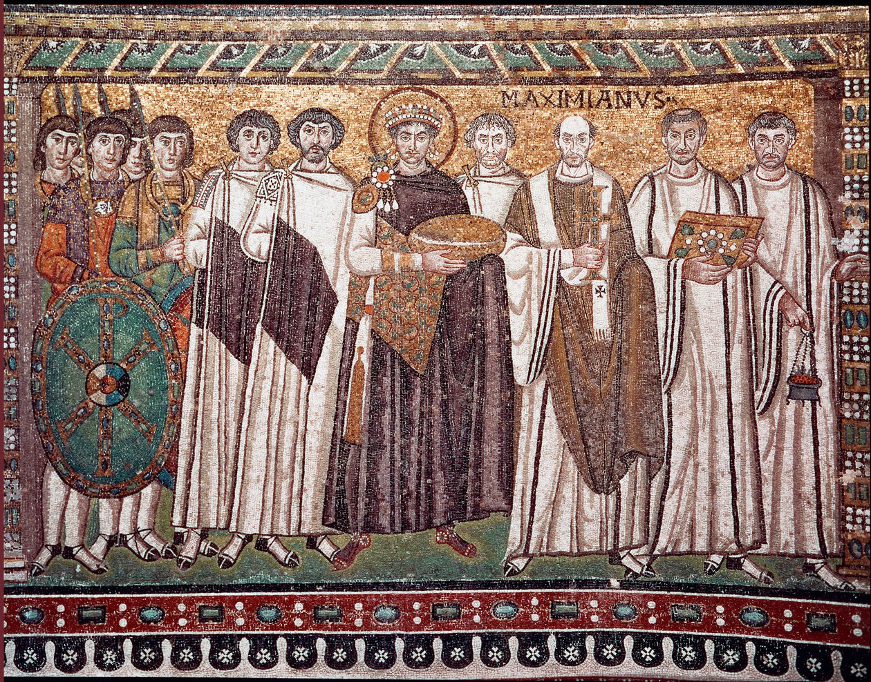 Císař Justinián I. a jeho družina úředníků, stráží a duchovních, asi 547 n. l. (mozaika) od Byzantine School
