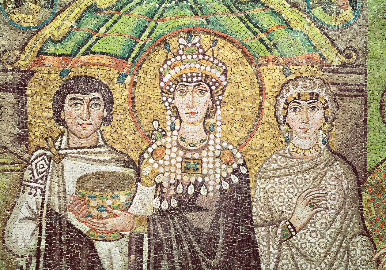 Císařovna Theodora se svým dvorem dvou ministrů a sedmi žen, kolem roku 547 našeho letopočtu (mozaika) (detail) od Byzantine School