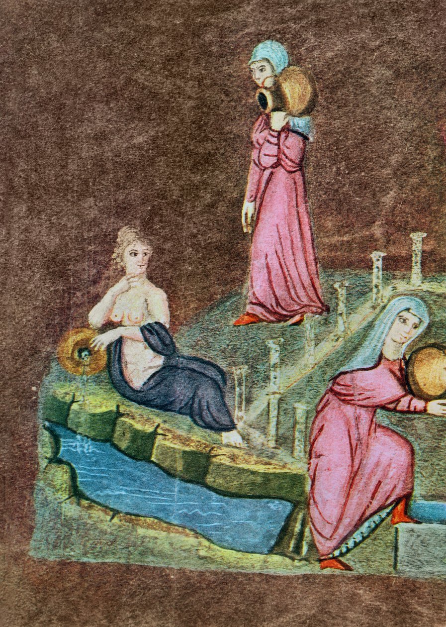 Gr 31 f.7r Rebeka a Eliezer u studny, z vídeňské Genesis (pergamen( od Byzantine School