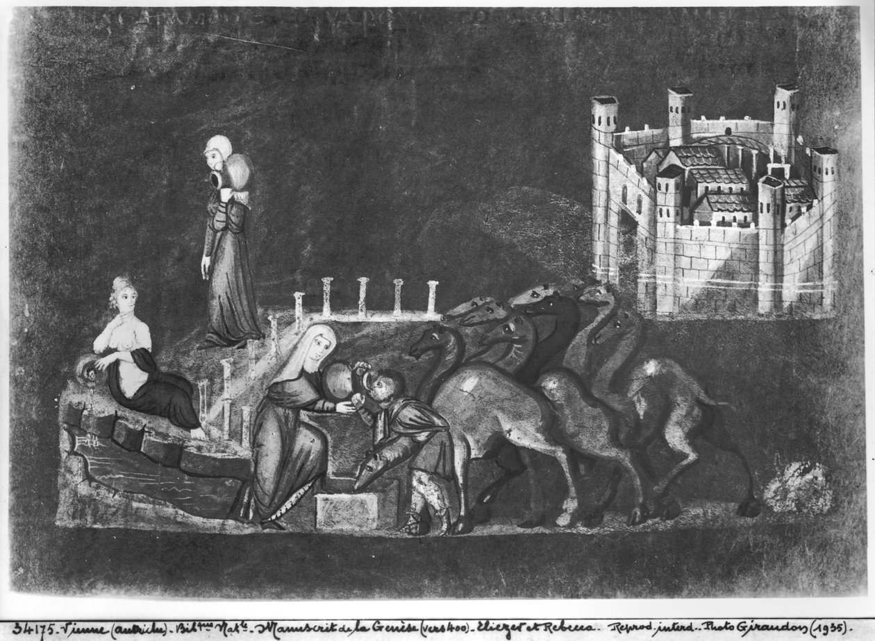 Gr 31 fol.7r Rebecca a Eliezer u studny, z vídeňské Genesis od Byzantine School