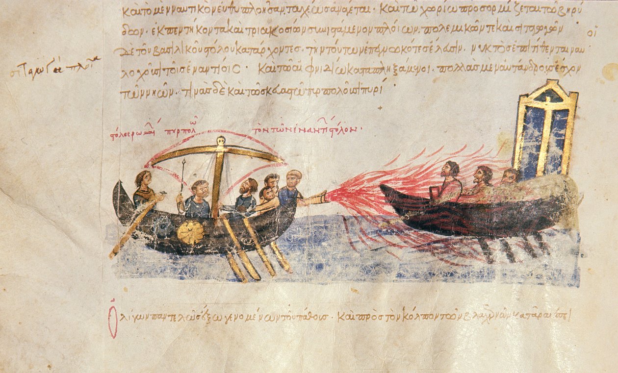 Řecký oheň, Fol. 34V z Madrid Skylitzes od Byzantine School