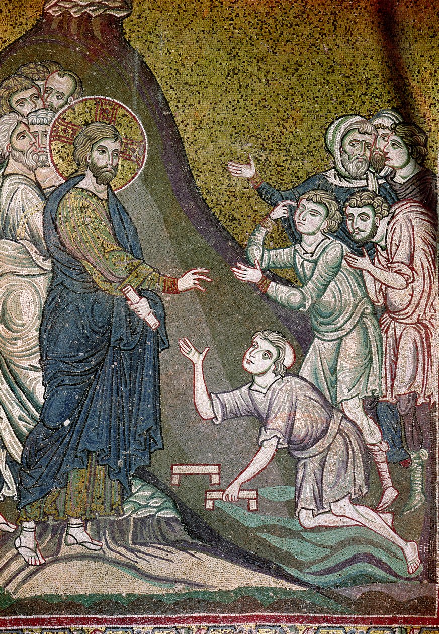 Ježíš uzdravuje zmrzačené a slepé (mozaika) od Byzantine School