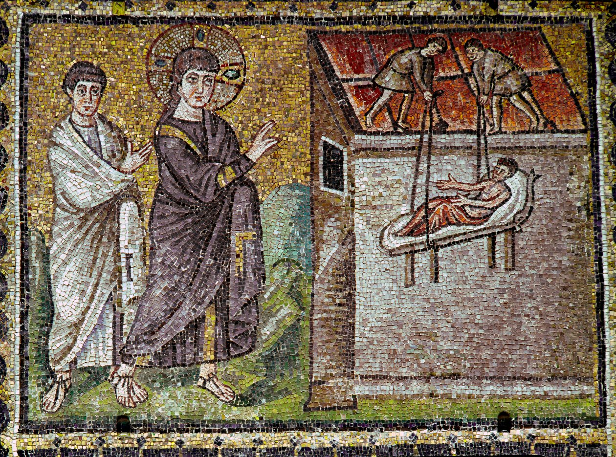Ježíš zázračně bojoval s ochrnutým v Kafarnaumské mozaice ze 6. století. Bazilika svatého Apollinaira devítky z Ravenny (Sant