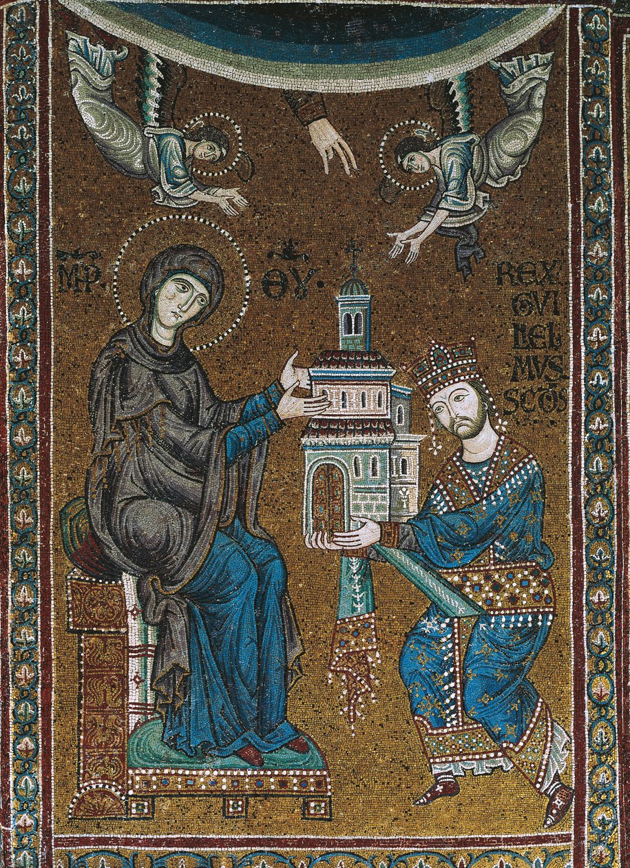 Sicílský král Vilém II. nabízí kostel Monreale Panně Marii (mozaika) od Byzantine School