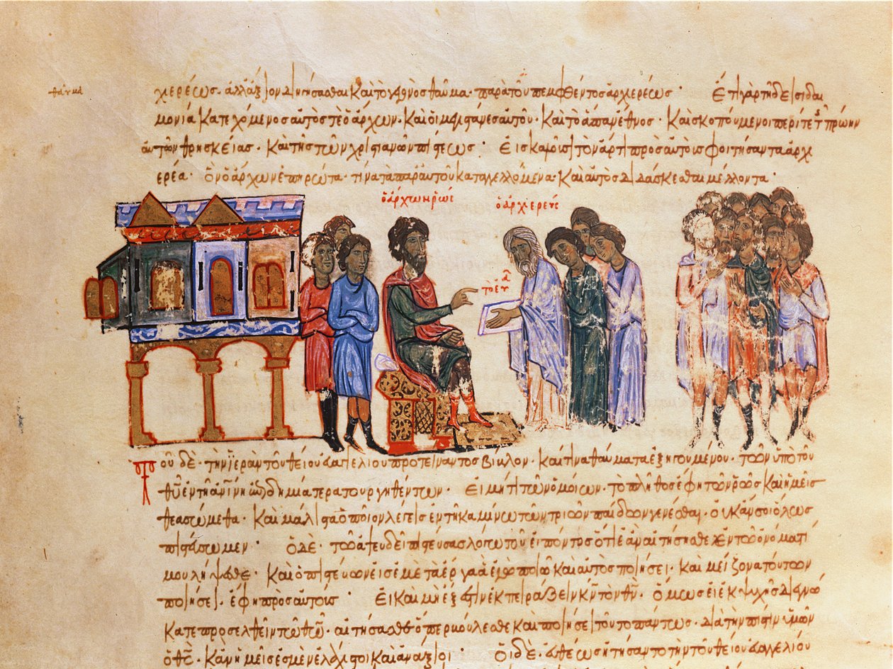 MMS Vitr 26-7 Velvyslanec z Kyjeva zaslaný králem Vladimírem (978-1015) vypráví o křesťanství byzantský biskup z madridských Skylitzes od Byzantine School