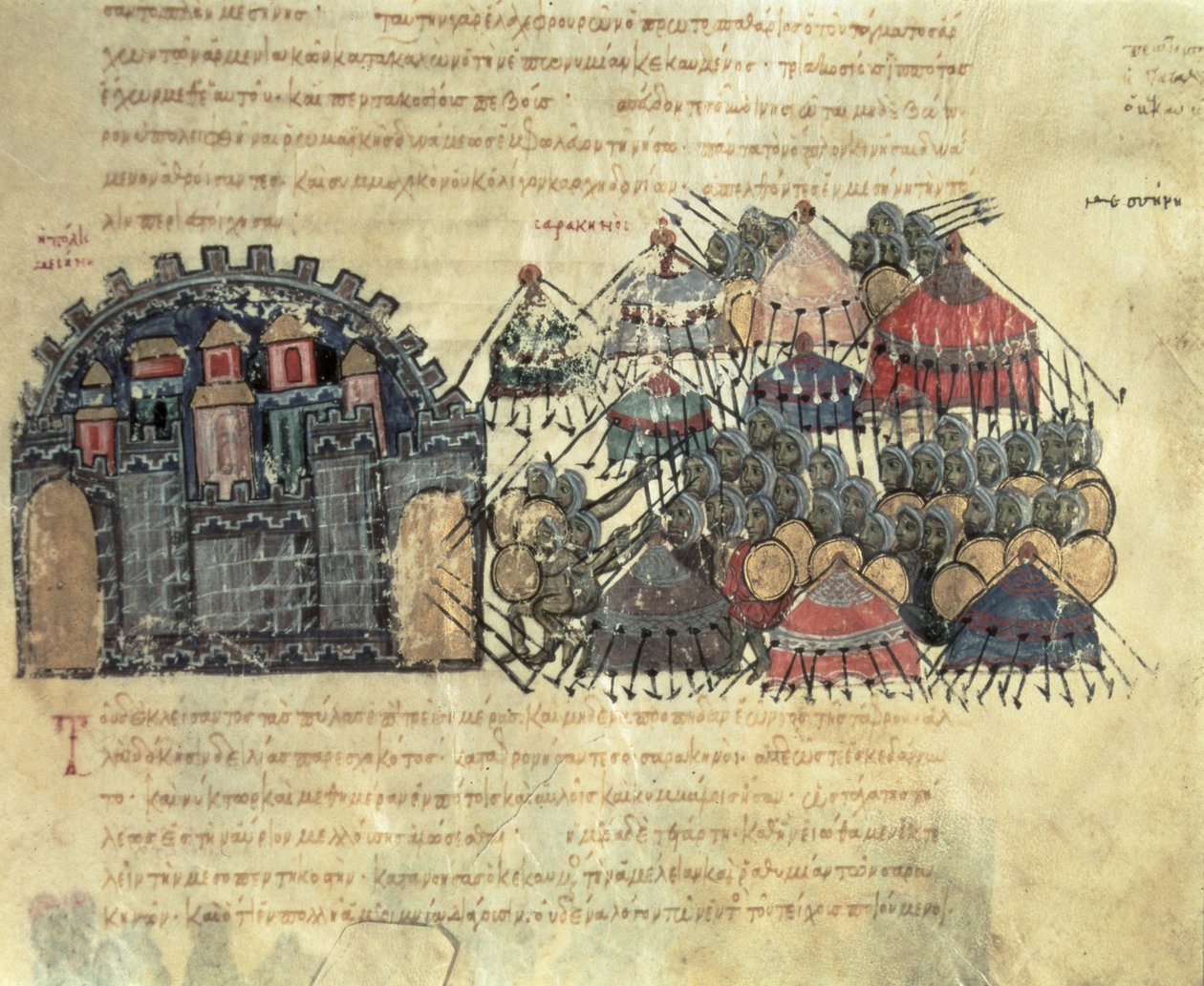 MMS Vitr. 26-7 Byzantines Obležení Messiny, z Madrid Skylitzes (vellum) od Byzantine School