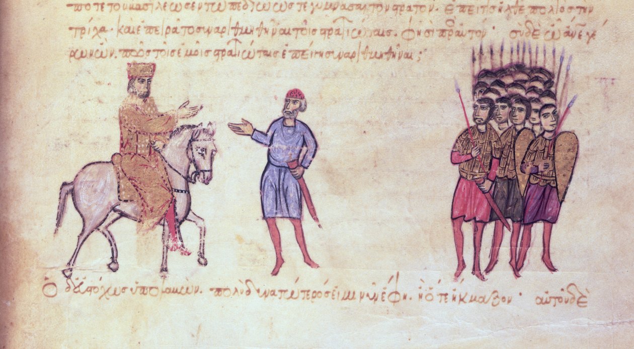 MMS Vitr 26-7 Byzantská armáda vydává na útěk Bulharům z Tzar Krum z madridských Skylitzes (inkoust a zlato na pergamenu) od Byzantine School