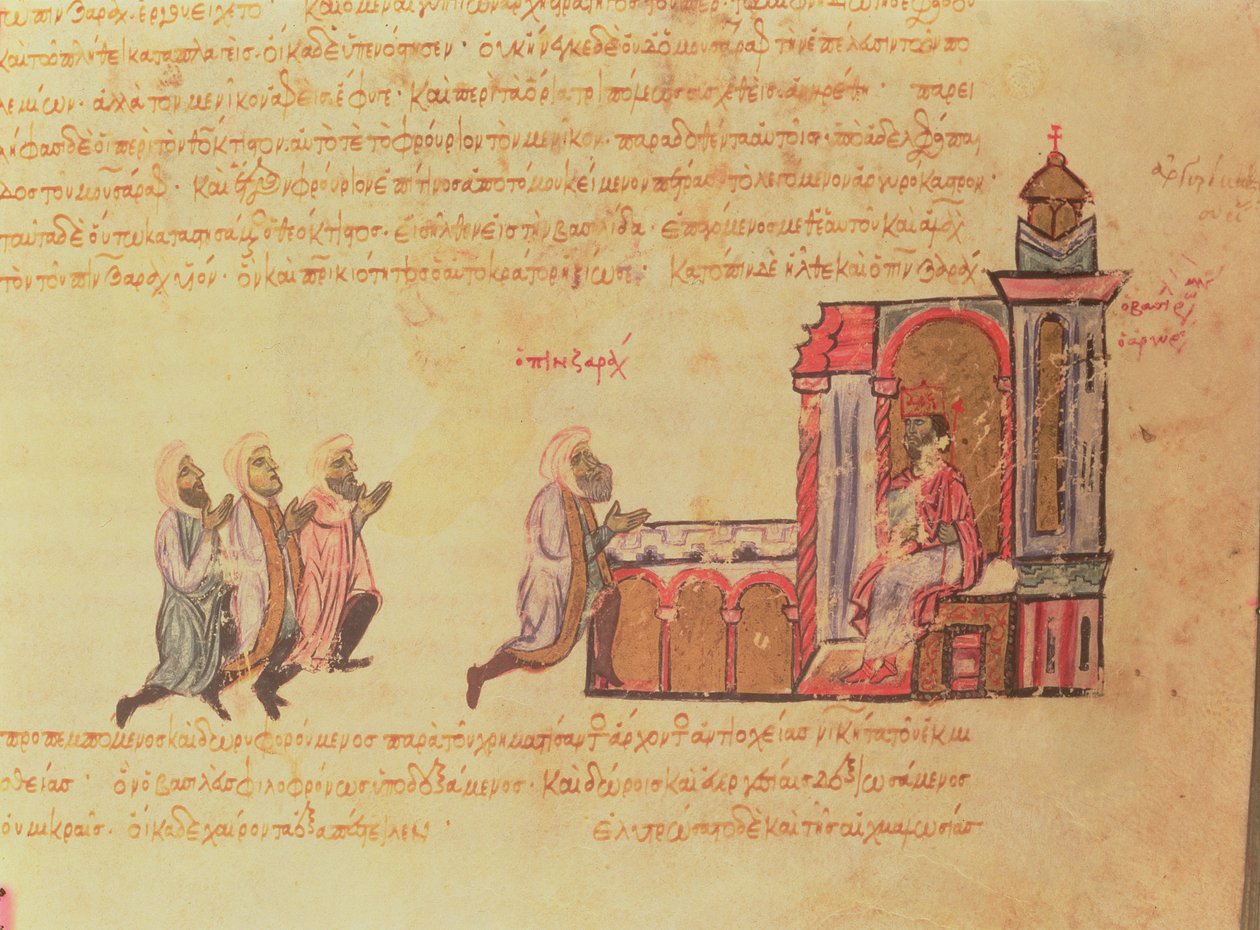 MMS Vitr 26-7 Byzantský císař Romanus III Argyrus (asi 968-1034) přivítá emira Bena Zaraha z madridských Skylitzes (inkoust a zlato na pergamenu) od Byzantine School