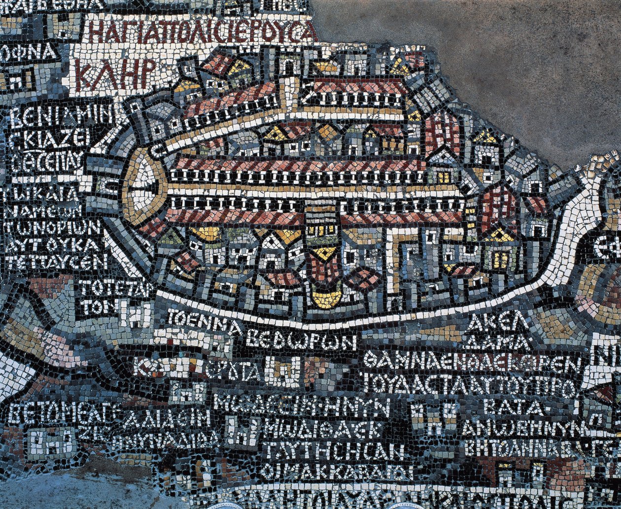 Mozaiková mapa Madaby (Mapa Svaté země), 560, mozaika v řecké ortodoxní bazilice svatého Jiří, Madaba, Jordánsko, byzantská civilizace, 6. století (mozaika) od Byzantine School