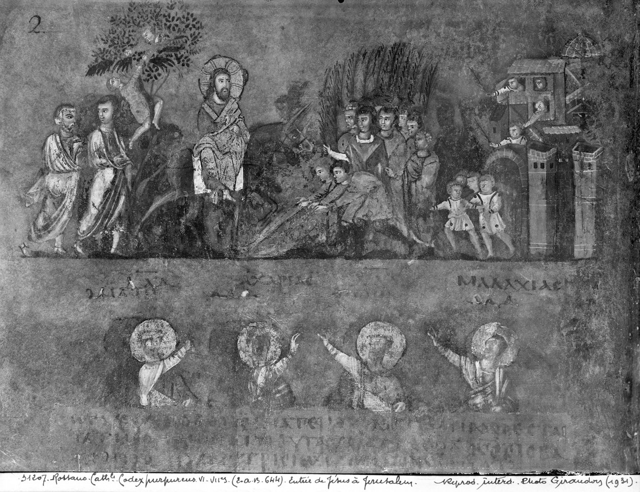 Paní EAB 664 Vjezd Ježíše do Jeruzaléma, z Codex Purpureus od Byzantine School