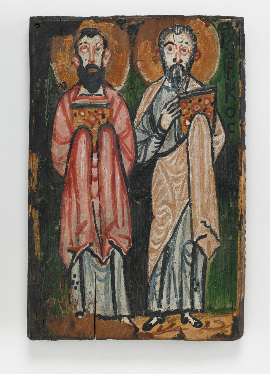 Svatý Matouš a svatý Jan, pravá strana obálky Washingtonského rukopisu III (enkaustika na dřevěné desce) od Byzantine School