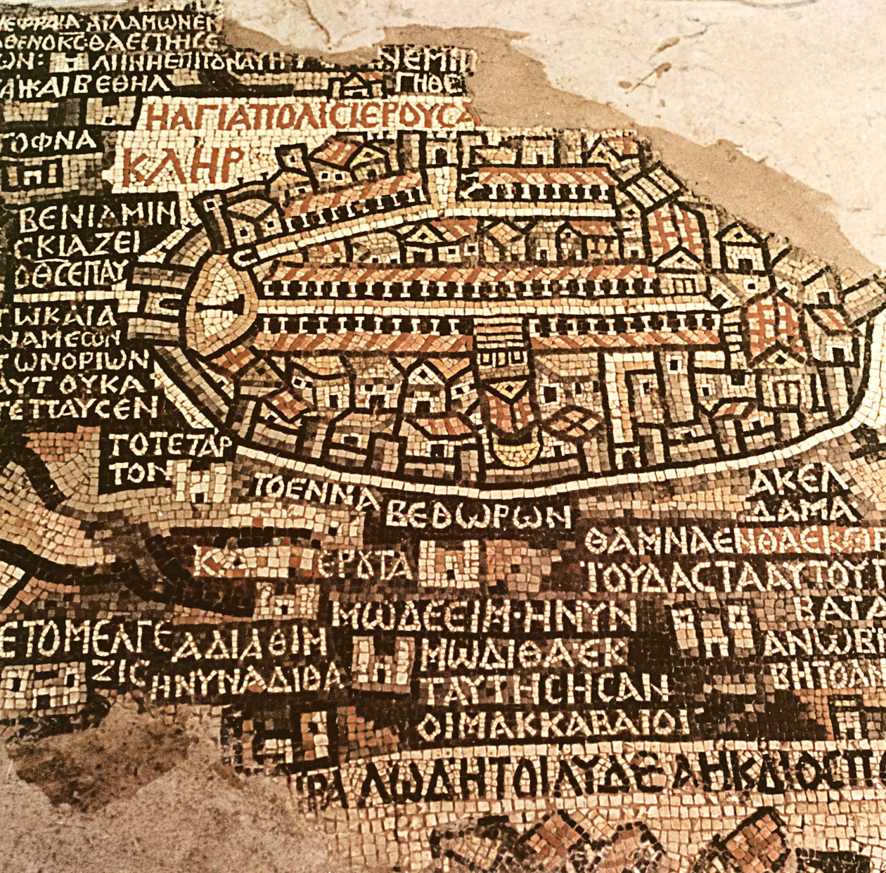 Město Jeruzalém a okolí, detail z mapy mozaiky Madaba, byzantský, 6. století (mozaika) od Byzantine School