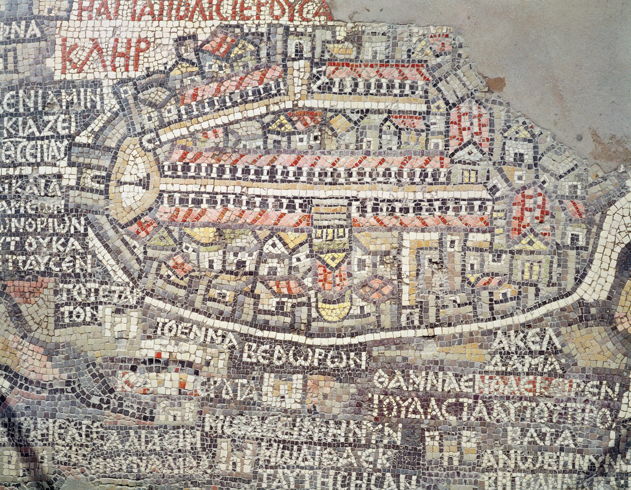 Město Jeruzalém a okolí, detail z mapy mozaiky Madaba, byzantský, 6. století (mozaika) od Byzantine School