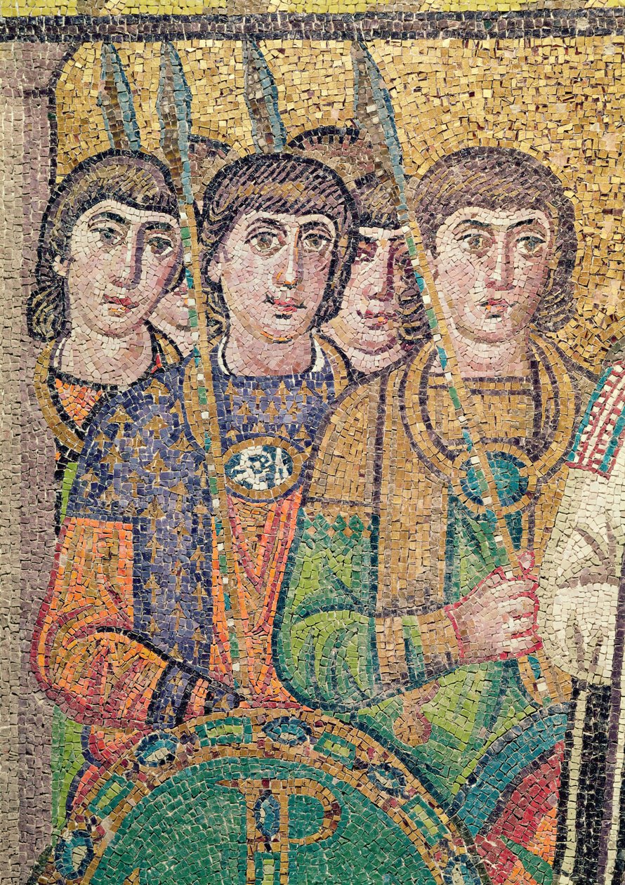 Stráže v Justinianově apartmá (mozaika) (detail 244979) od Byzantine School