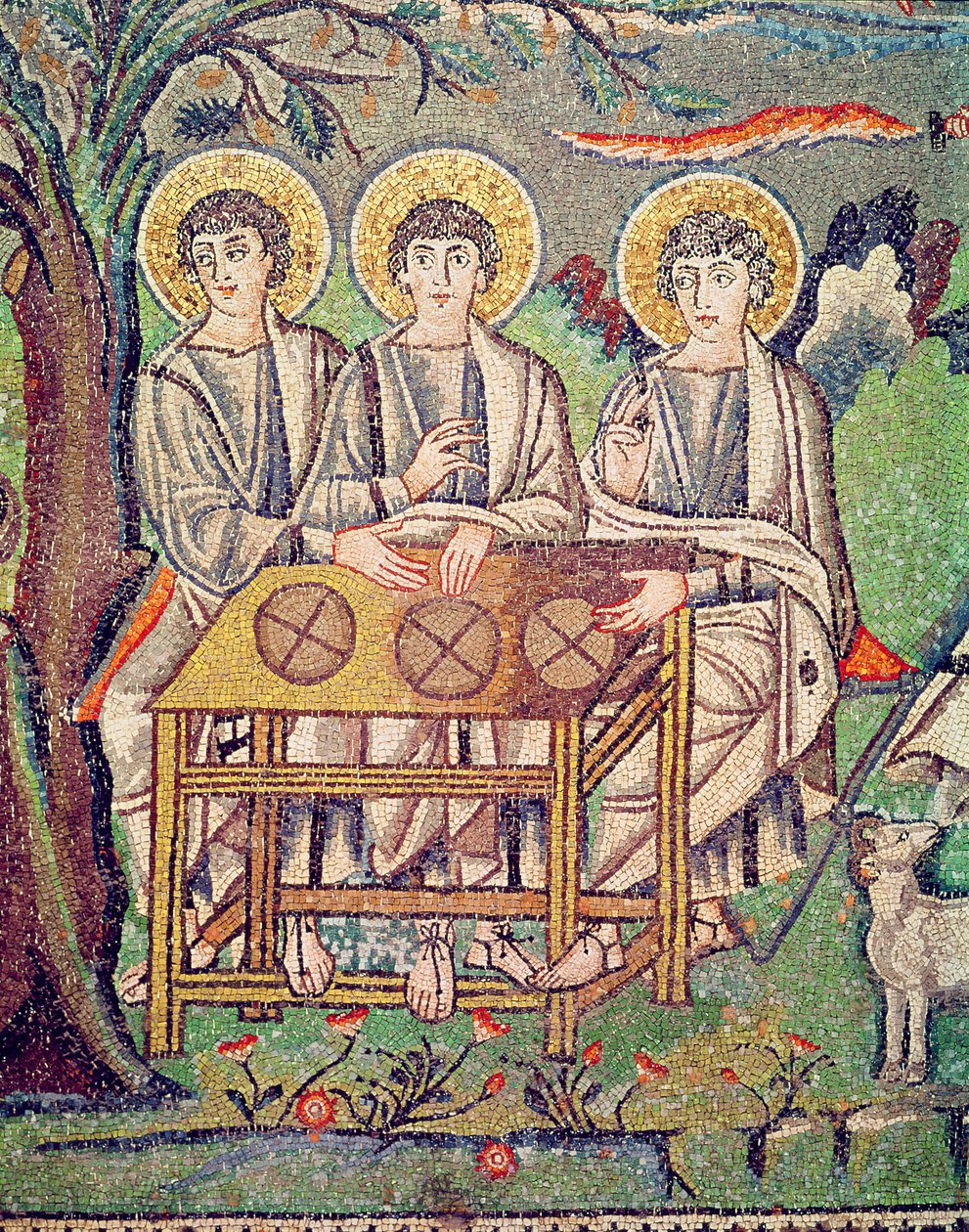 Tři andělé, detail Abrahamova pohostinství a obětování Izáka, 6. století (mozaika) (viz 154709) od Byzantine School