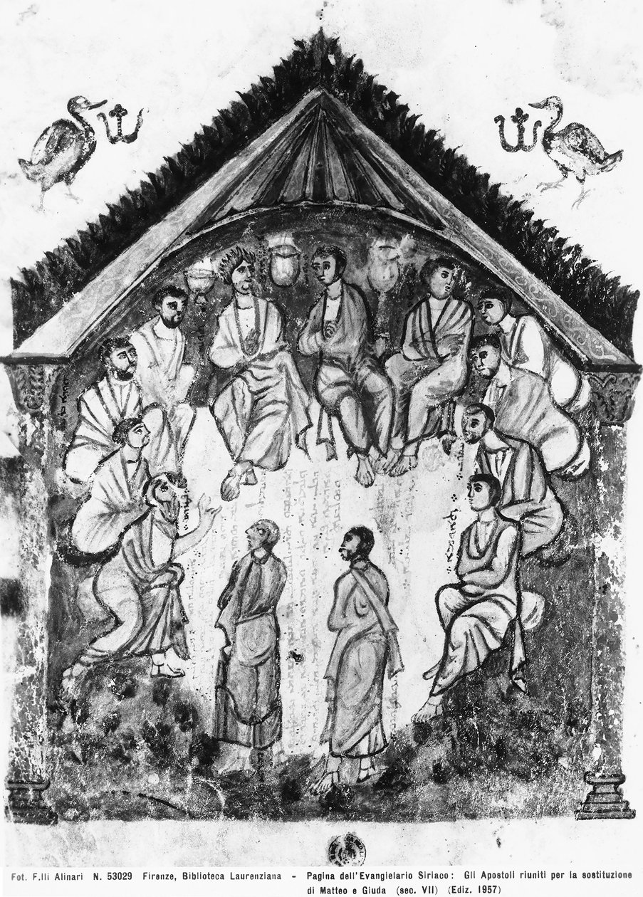 Apoštolové se shromáždili, aby nahradil Jidáše Matyášem, folio z evangelií Rabula, 586 n. l. (tempera na pergamenu) od Byzantine School