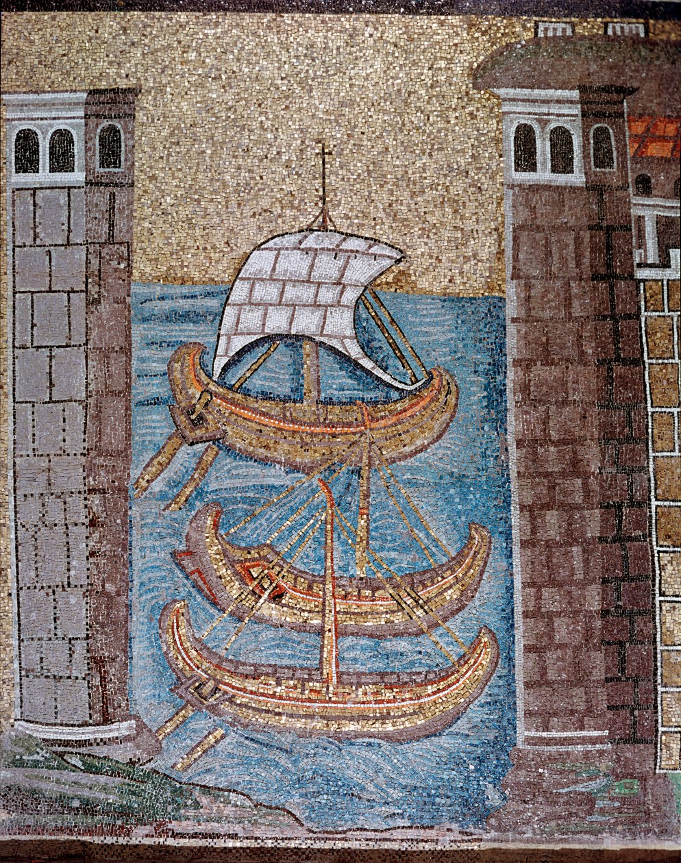 Pohled na lodě v přístavu Class (Detail mozaiky, 6. století) od Byzantine School