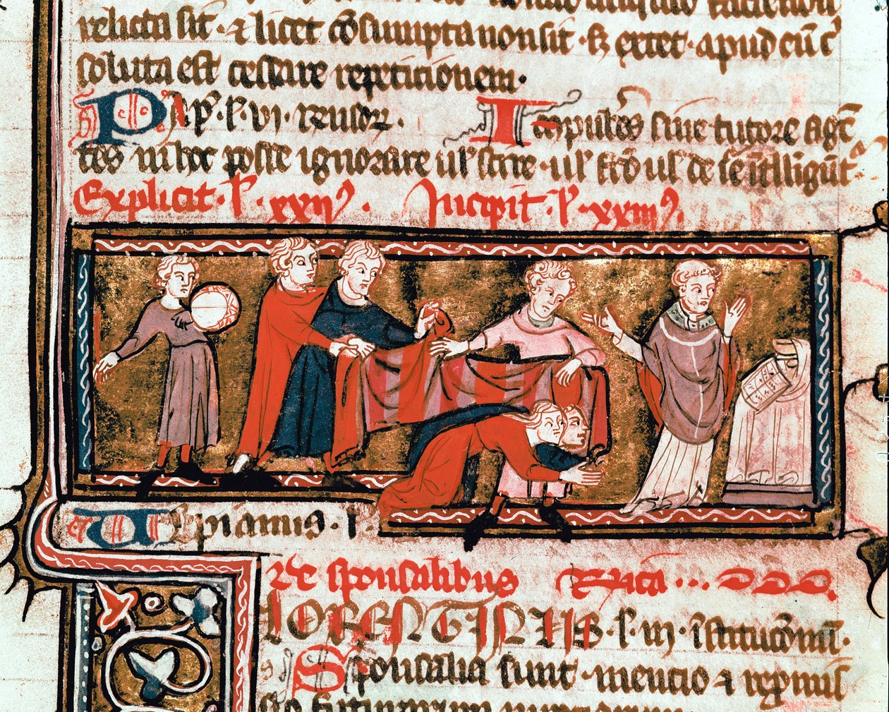 Svatební scéna, manželé jsou přikryti látkou, symbolem jejich svazku Miniatura převzatá z Justiniánského zákoníku (Codex Justinianus), sbírky zákonů a institucí redigovaných za římského císaře Justiniána I. Byzantského (483-565) ms. 824 Mila od Byzantine School