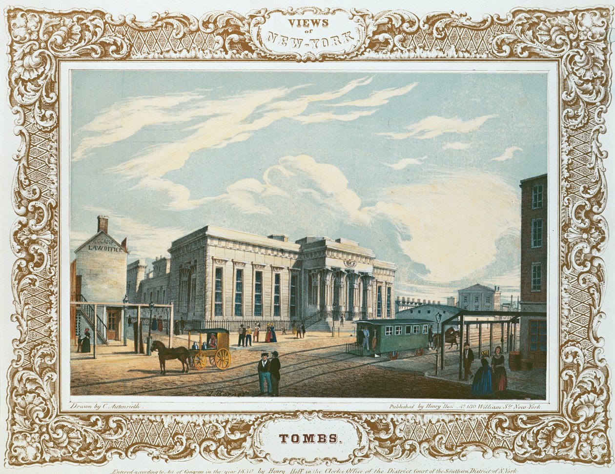 The Tombs, New York City, z „Views of New York“, vydané Henry Hoffem, 1850 od C. Autenrieth