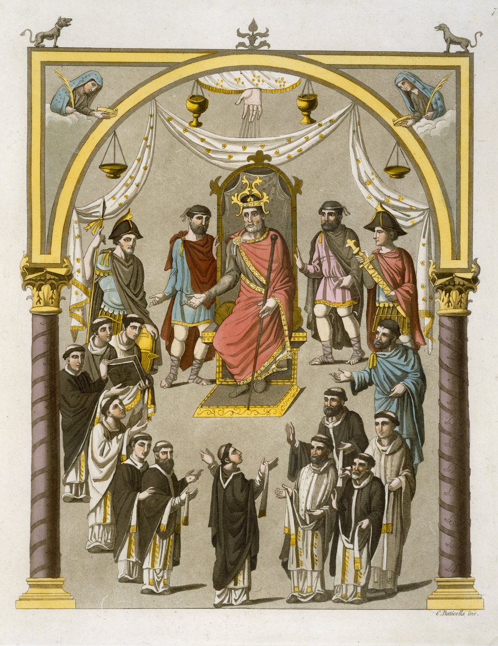 Karel II. (823-77) Plešatý, podle rukopisu v Colbergské knihovně, deska 7 z Le Costume Ancien et Moderne, od Julese Ferraria, vydáno kolem 20. a 30. let 19. století od C. Botticella