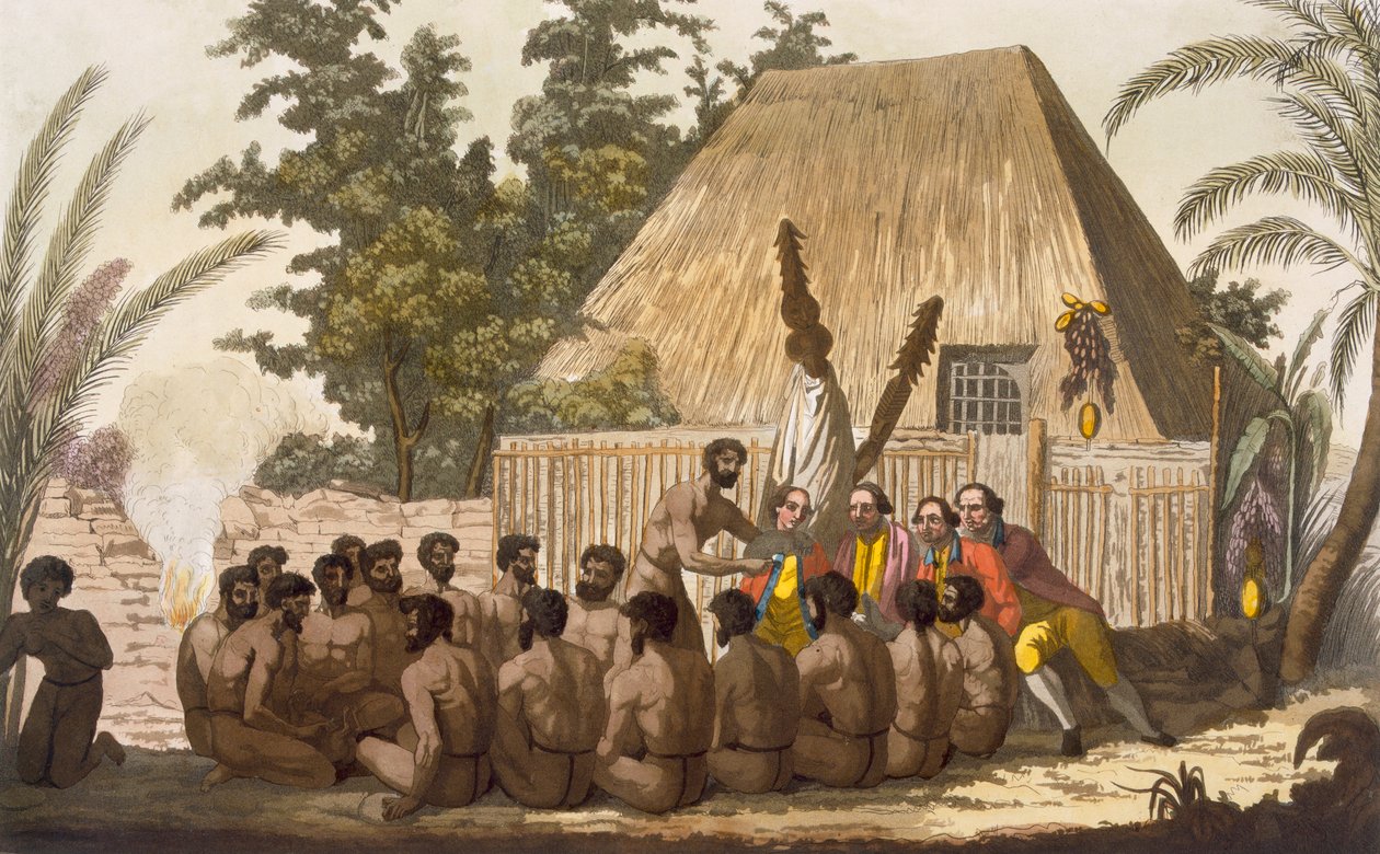 Oběť před kapitánem Cookem, která ho uznává jako inkarnaci boha Loma, leden 1779, vyryl Angelo Biasioli od C. Bottigella