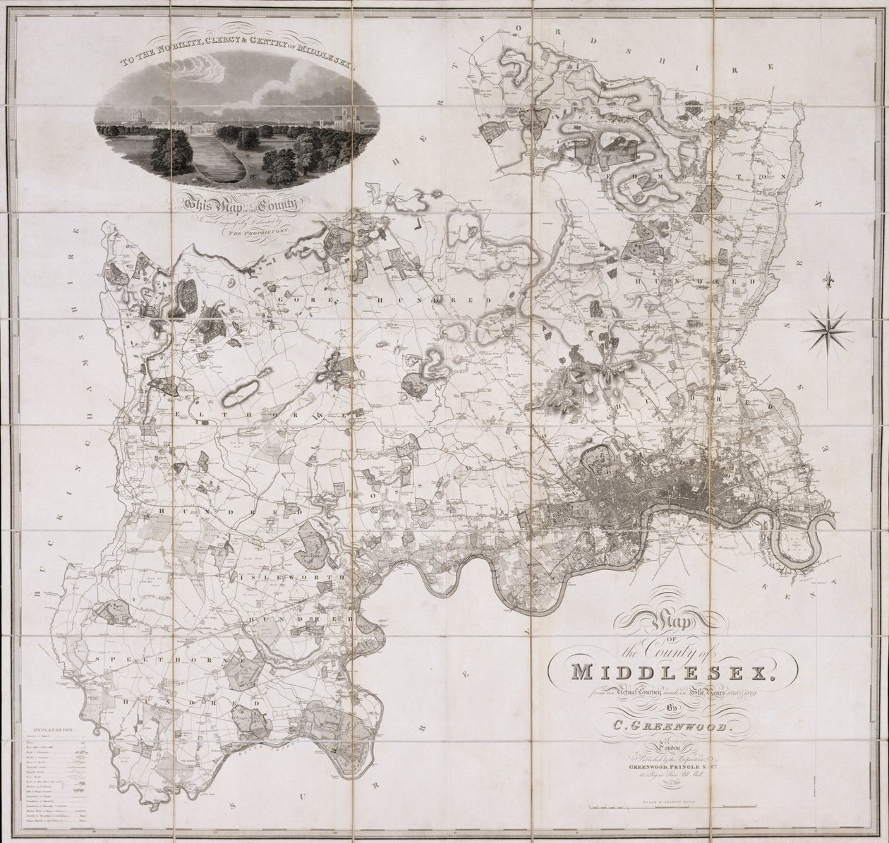 Mapa hrabství Middlesex, vydaná v roce 1819 (tisk) od C. Greenwood