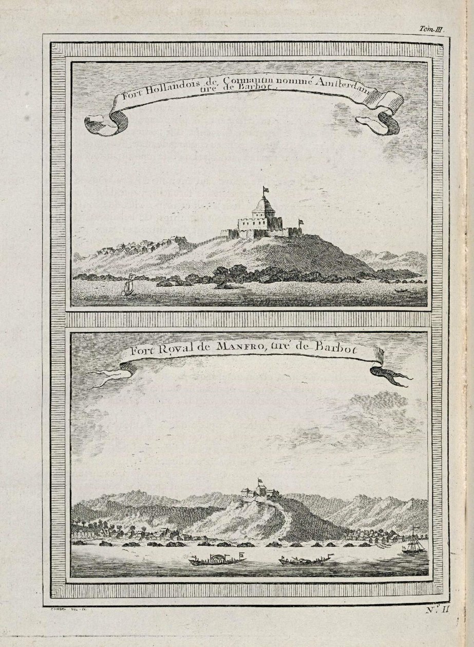 Pohled na pevnosti v Amsterdamu na Cormantin a pevnost Groot Frederiksborg ve městě Princes Town od C. Hedel