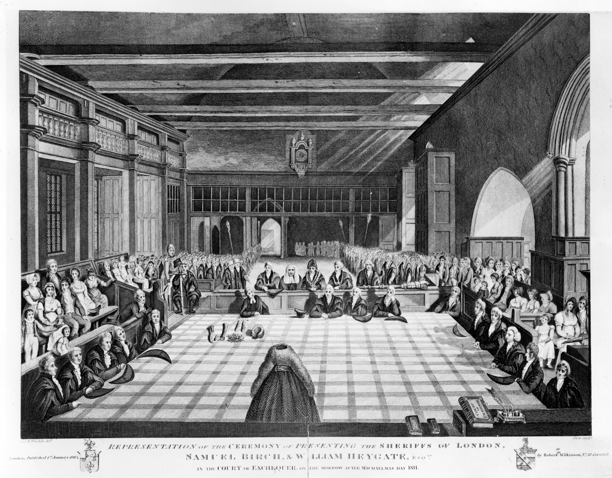 Zastoupení ceremoniálu představení londýnských šerifů, Samuela Birche a Williama Heygatea Esqs. na dvoře státní pokladny zítra po Michaelovi 1811, tisk vytvořil James S. od C. John Mayle Whichelo