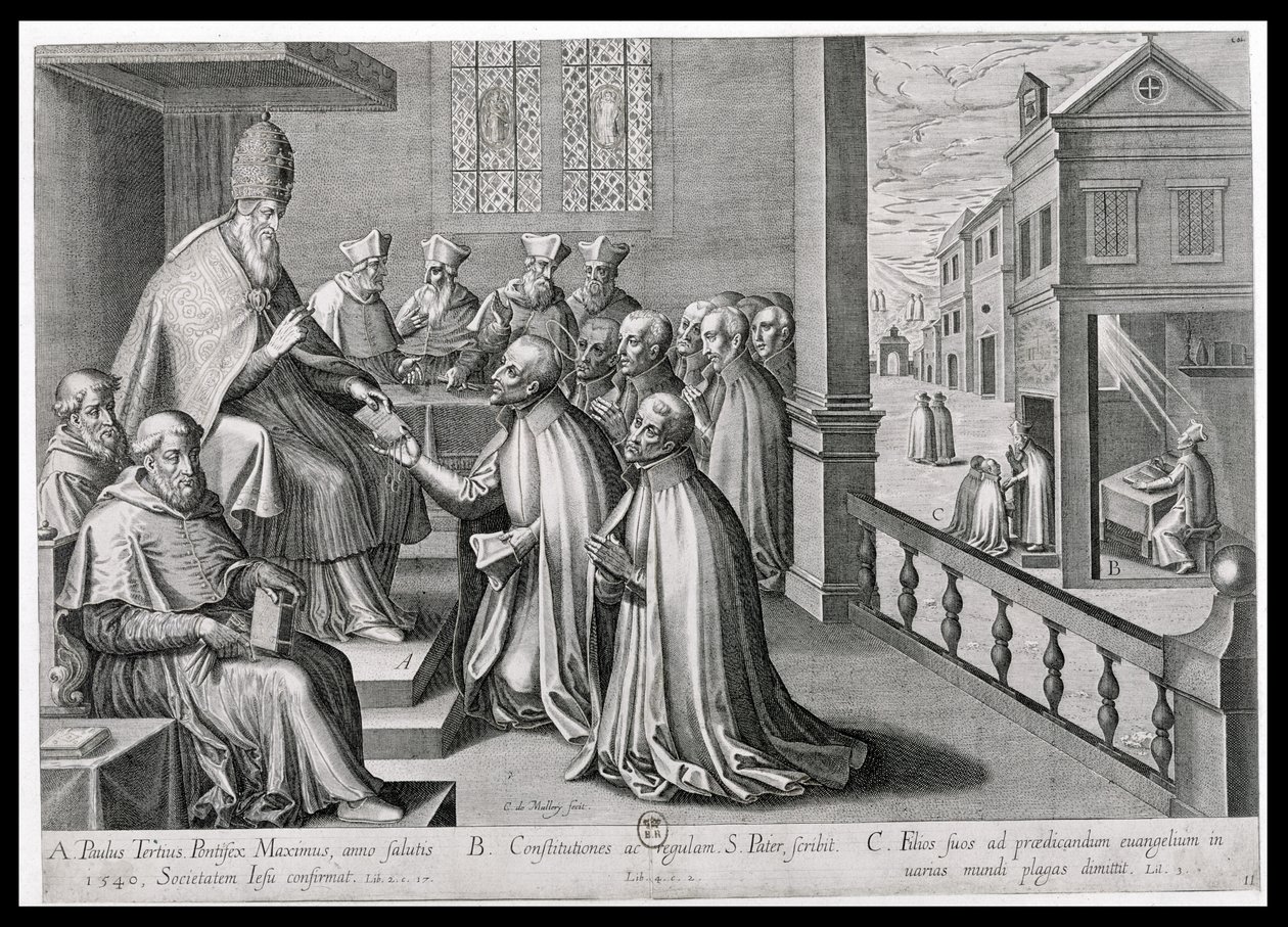 Papež Pavel III. (1468-1549) přijímající řeholi Tovaryšstva Ježíšova, 1540 od C. Malloy