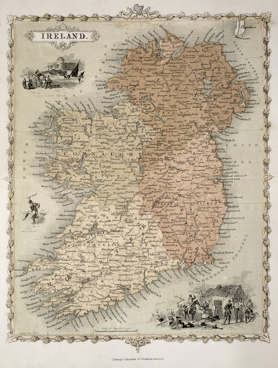 Mapa Irska, vydaná kolem roku 1850 (ručně kolorovaná rytina) od C. Montague