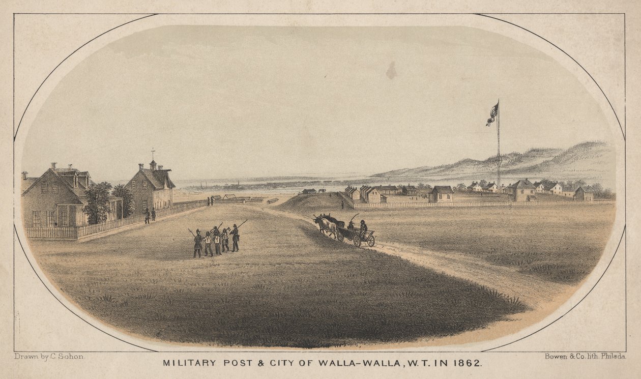 Vojenská pošta a město Walla-Walla, W.T. v roce 1862, 1863 od C. Sohon